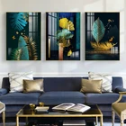 Китайский Стиль зеленого и золотого цвета Арт холст картины Плакаты и принты Водонепроницаемый настенные картины без рамки для Декор в гостиную