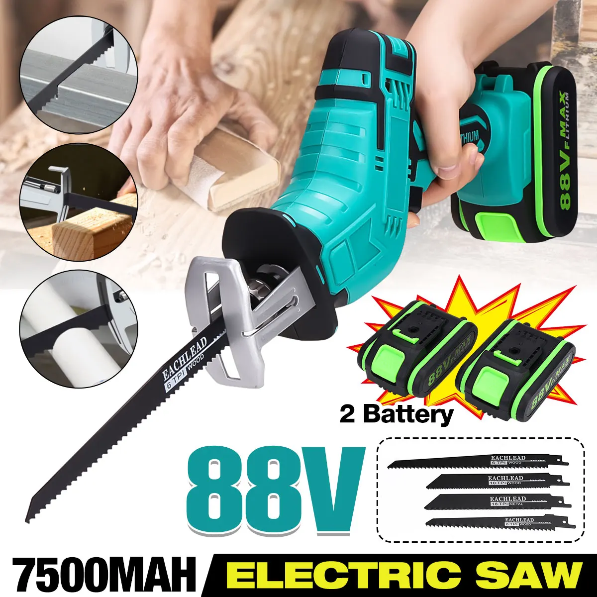 

NEW 88V Cordless Reciprocating Saw Handsaw Saber Saw Multifunction Saw for Metal Wood Pipe Cutting Saw with 4 Blades Kit