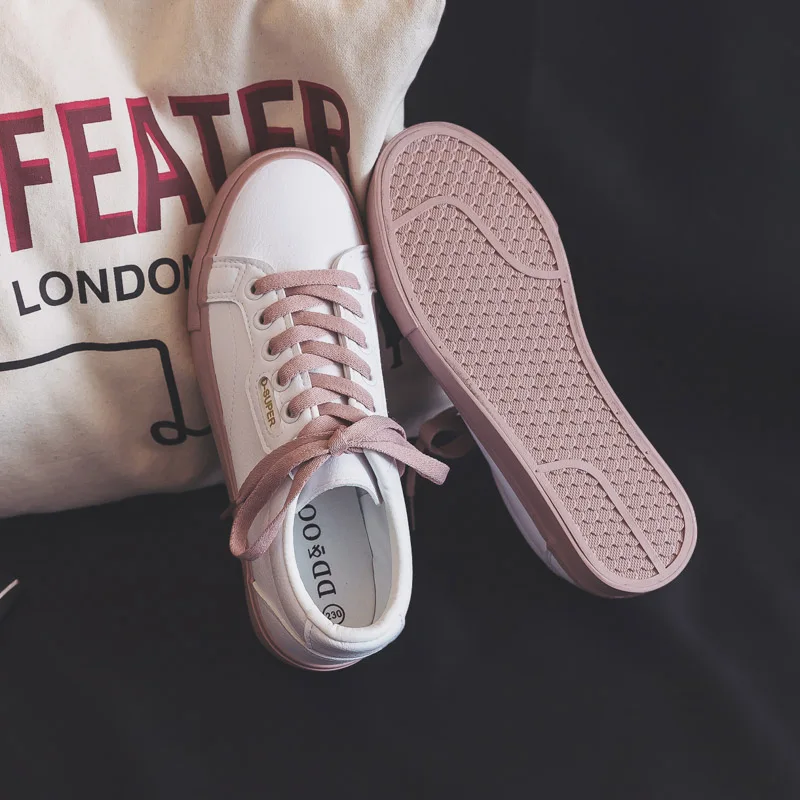 

Женские кожаные кроссовки на плоской подошве, однотонные повседневные низкие кроссовки на платформе для студентов, весна 2021