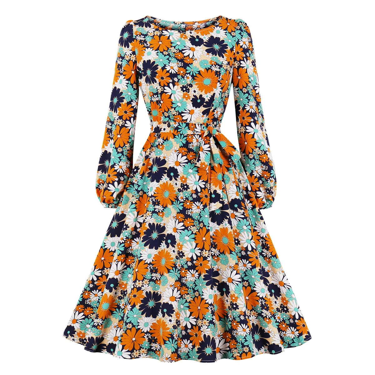 

New Fashion Autumn Winter Vintage Lace Up Long Sleeve Printed Dress