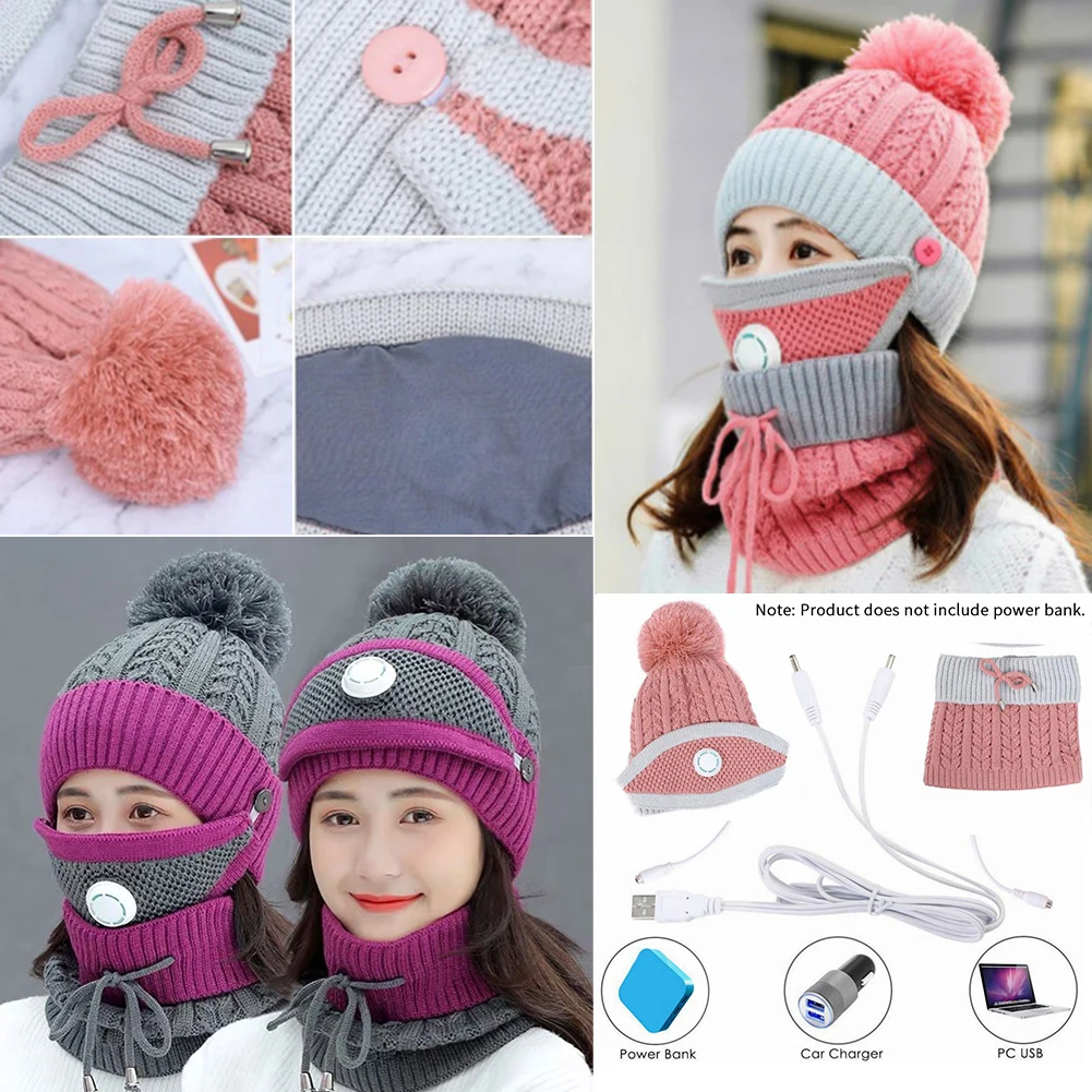 

Beanie Cap Gift Winter Warm Unisex With Scarf Outdoor Sports Thick Knit Washable Ski Portable Face Protection USB Heated Hat Set