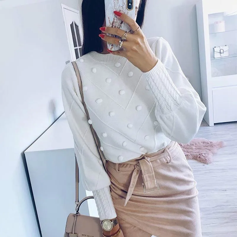 Элегантный женский свитер с меховым помпоном осенне зимний вязаный рукавом