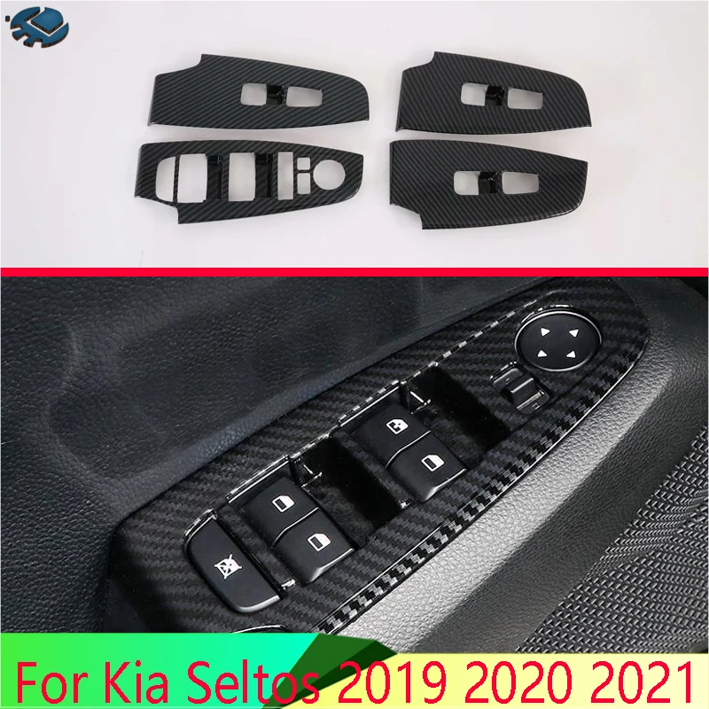

For Kia Seltos 2019 2020 2021 Car Accessories Carbon Fiber Style Door Window Armrest Cover Switch Panel Trim Molding Garnish
