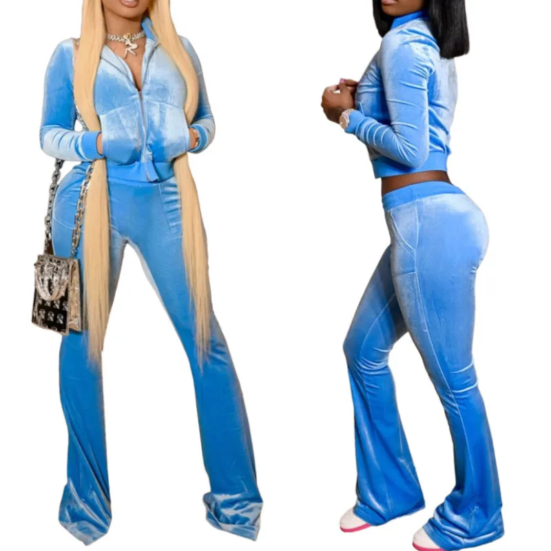 

Женский костюм из 2 предметов, однотонный топ с воротником-стойкой и длинными рукавами, на молнии и длинные брюки для женщин, Осень-зима