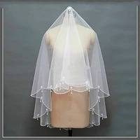 real photos beading edge wedding bridal veil white ivory bride veils two layers elbow length veil