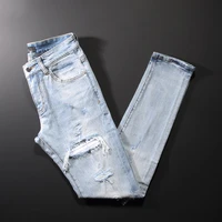 streetwear retro light blue denim punk trousers slim fit fashion designer men jeans patches hip hop pants ripped jeans for men