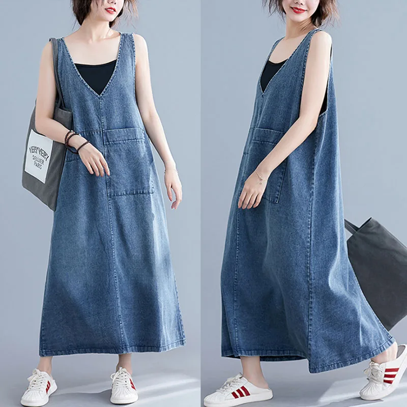 

Spring summer solid color V-neck sleeveless dress female mid-length retro large size patch pockets strap Vestidos A732