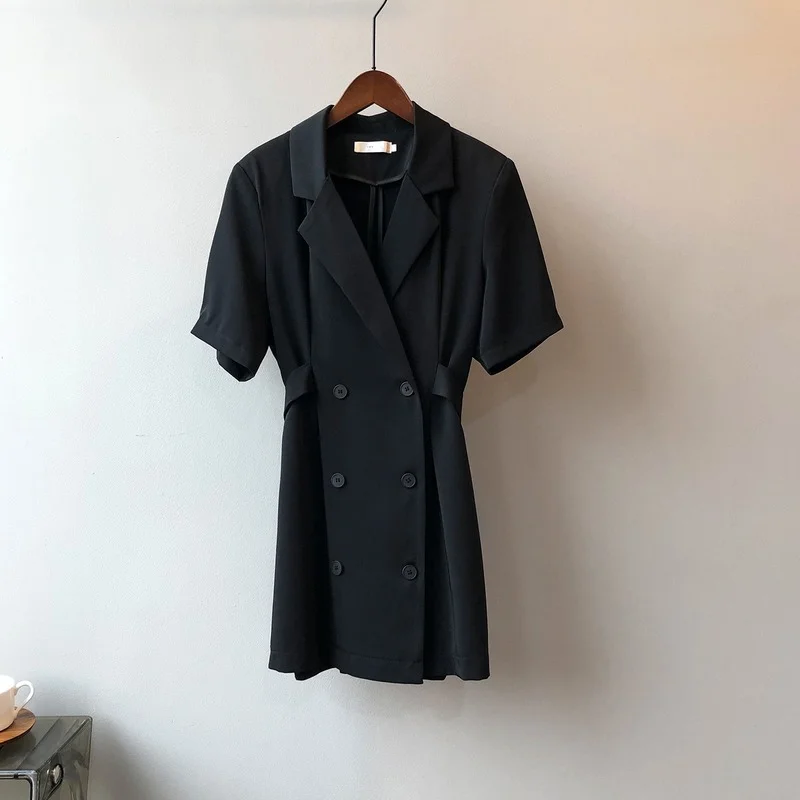 

Work Style Ol Elegant Solid Mini Dresses Notched Collar Double Breasted Slim Suit Dress 2021 Spring Summer New Chic Vestidos