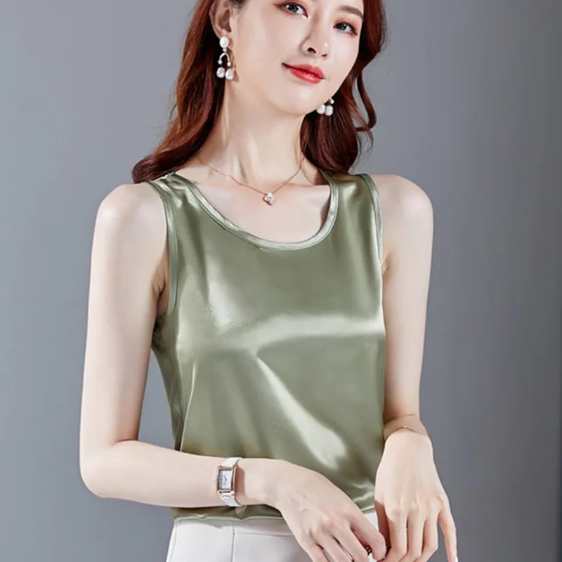 Корейский Шелковый женский топ Женская атласная майка без рукавов Женский
