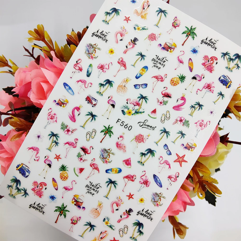 

3D наклейка для ногтей, наклейка из фольги, дизайнерские слайдеры, летние, приморские, фламинго, кокосовое дерево, украшения для дизайна ногт...