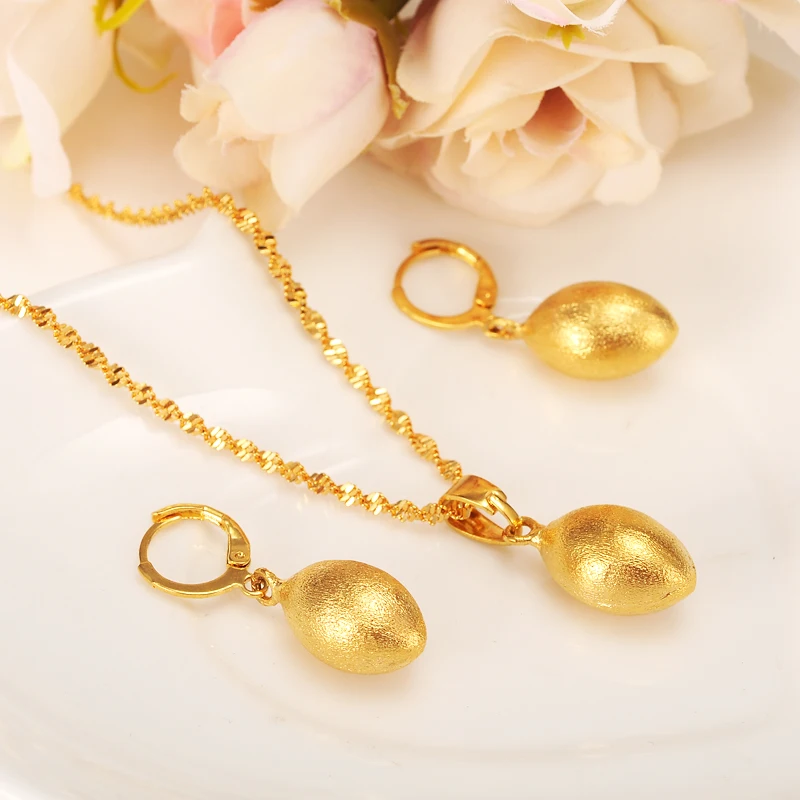 

Oval Bead Necklace Pendant Earrings Jewelry Set Party Gift 18 k Yellow Fine G/F Gold Africa ball Women Fashion egg form