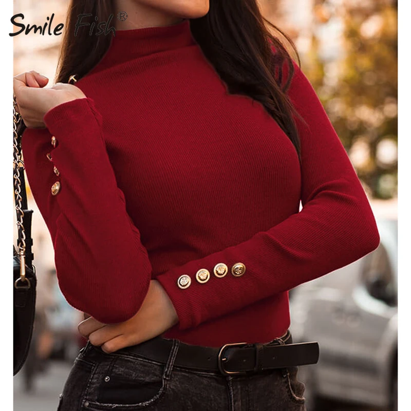 2020 Women Turtleneck Sweaters Buttons Knitted Solid Pullovers Causal Slim Office Lady Knitting Female Knit Tops M0381 Женская одежда