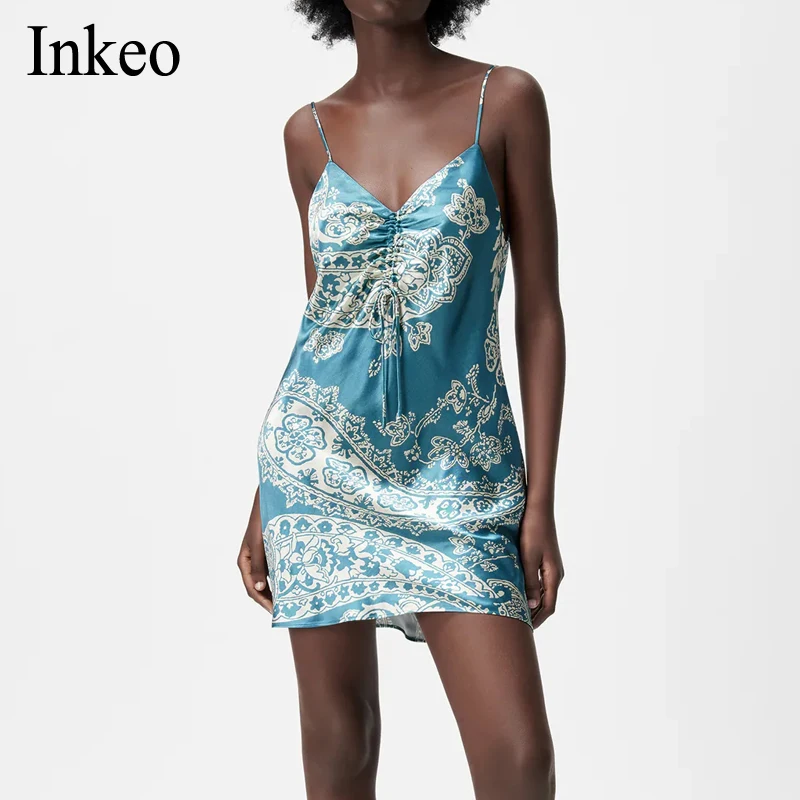 

Spaghetti Strap Mini Satin print Dress Women Sexy Sleeveless Backless ruched Party Mini Dress Club Vestidos Summer INKEO 1D073