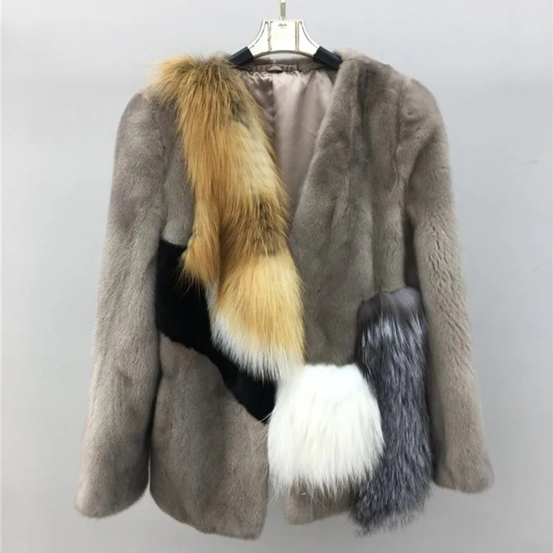 

New Real Fur Mink Coat With Silver Red Fox Short Coat Customize Warm Whole skin Natural Mink Fur Coats & Jackets