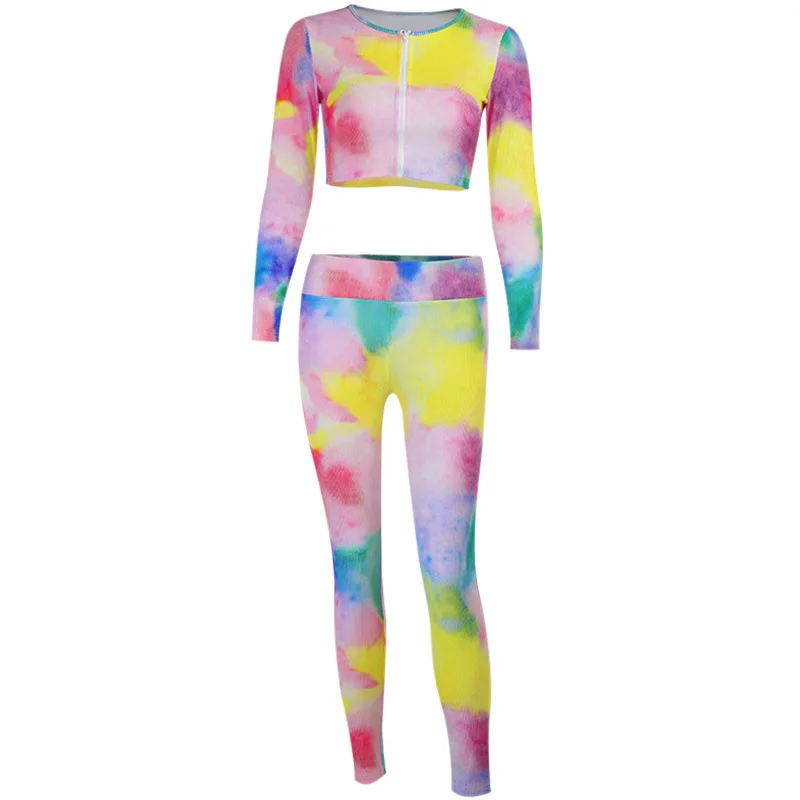 

Women's Wear Colorful Tie-dyed Knit Crop Top + High Waist Casual Pants Hip Lifting Set Sports wear Street Suit Gym Clothing Set