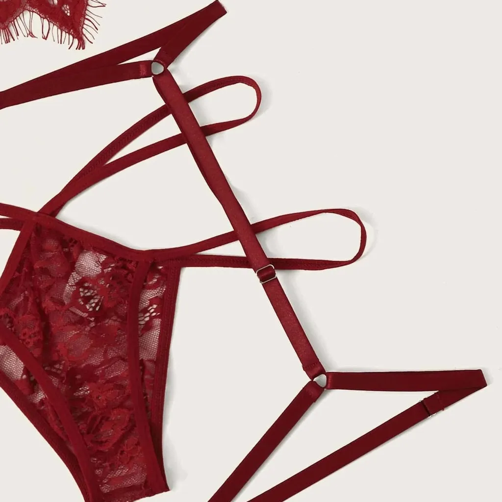 

3PC Sexy Lingerie Lace Embroidery G-string Thong Temptation Underwear Sleepwear Lingerie Set Perspective Flower Lace Bra