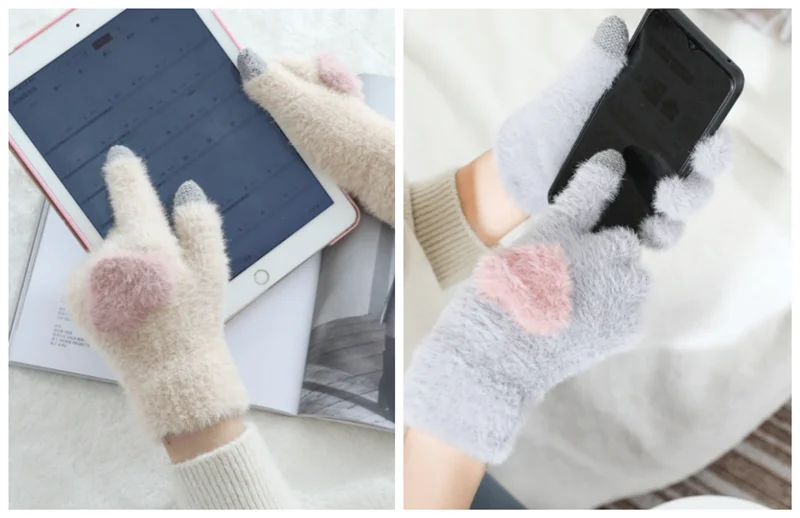 Gloves Knitted Women Touch Screen New Winter Soft Rabbit Wool Knitted Gloves Warm Lovely Girls' Pink Heart Mittens Gloves