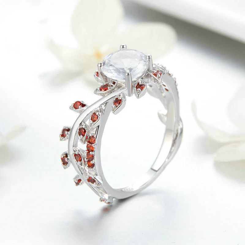 Flower Red Leaf Zircon Engagement ruby Ring for Female Fashion Popular Rhinestone Silver Wedding Rings Women Jewelry | Украшения и