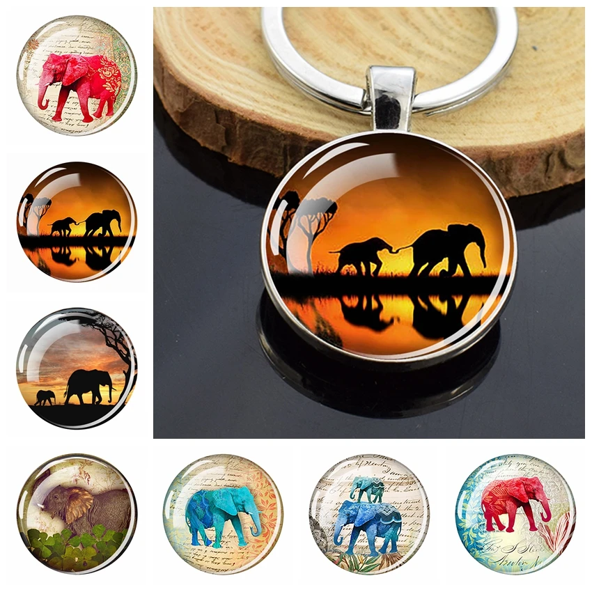 

Esspoc Glass Cabochon Key Chain Animal Elephant Keychain Silver Color Plate Keychains Keyholder for Women Men Gifts Jewellery