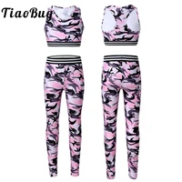 tiaobug kids girls tracksuit camouflage printed stretchy crop top with leggings pants performance ballet gymnastics dance wear