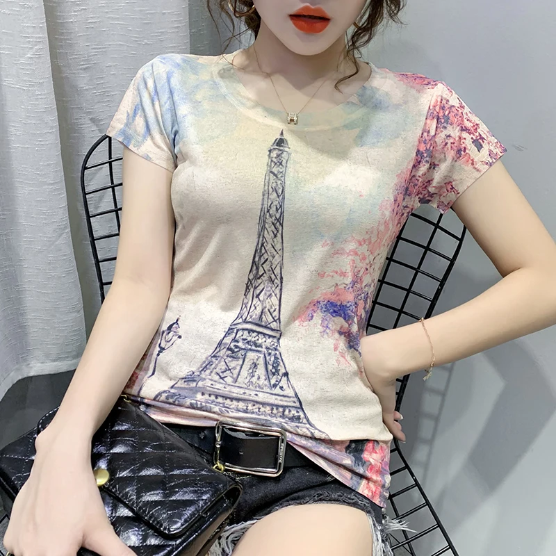 Женская футболка с принтом Эйфелевой башни короткая вискозная модель T04501 в
