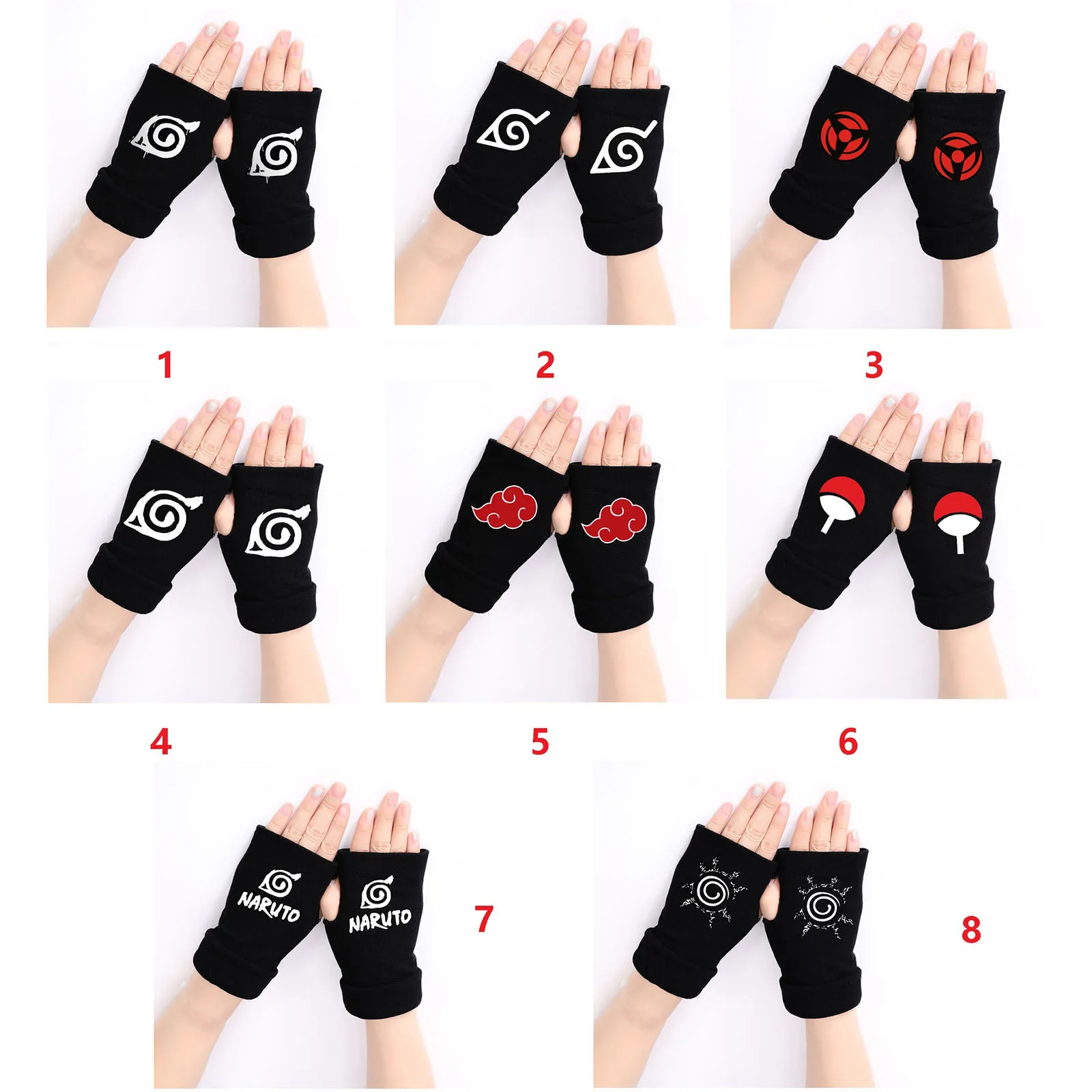 

1Pair Anime Ninja Uchiha Konoha Logo Gloves Cosplay Accessory Black Half Finger Mittens Winter Stretch Elastic Warm Cotton Glove