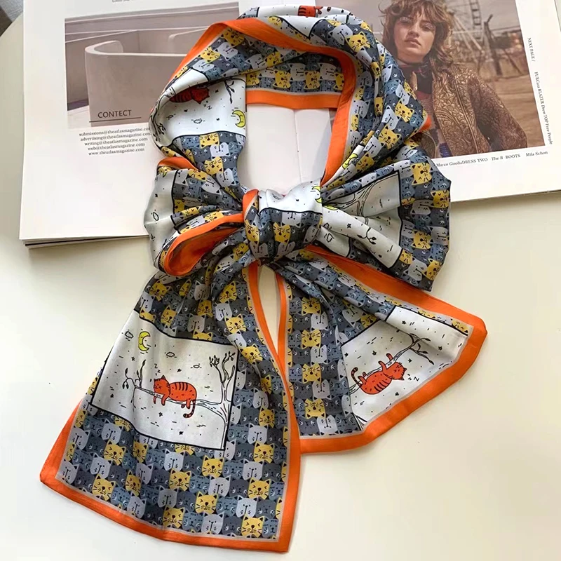 

2021 spring Korean version of all-match women scarf silk hand-feel double-sided printing scarf thin section scarf 15x150cm