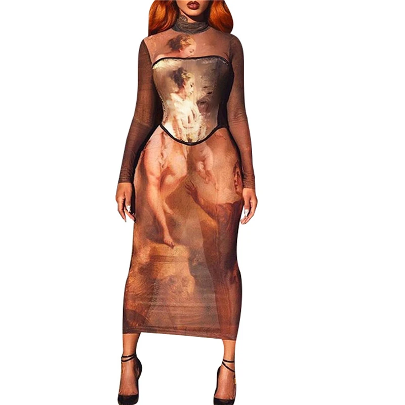 

Women's Fall Dress Long Sleeve High Neck Clothes Goodness Printed See-Through Long Dresses Clubwear Ladies Bodycon Dresses