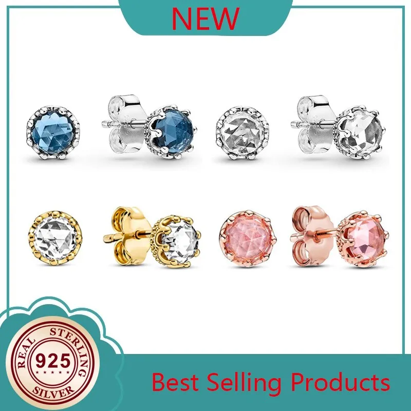 

100% 925 Silver 2021 New Earrings Transparent Shiny Blue Pink Earrings Suitable For Women's Wedding Gifts Fashion Jewelry