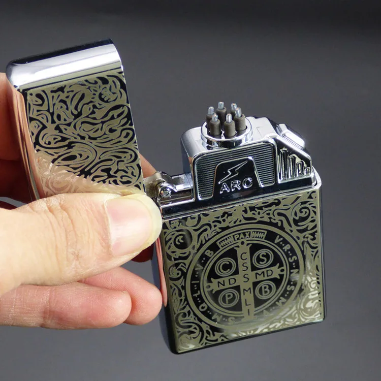 6 arc silver laser Двойная дуговая зажигалка, ветрозащитная электронная USB Зажигалка для перезарядки, электрическая зажигалка для курения - Цвет: 6 arc silver laser