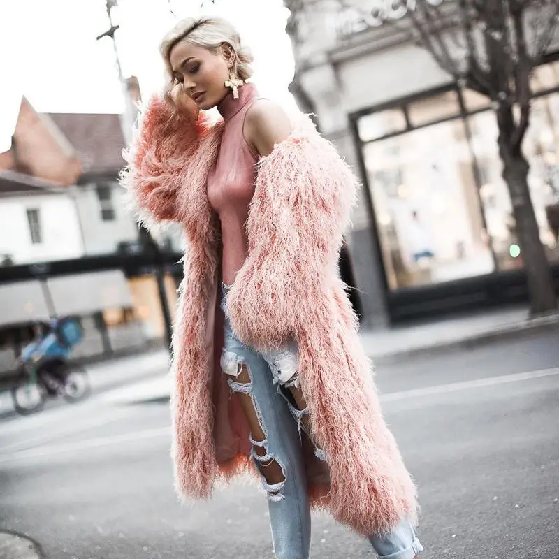 Fashion Furry Faux Fur Coats Women Fake Fur Coat Female 2022 Winter Clothing Colored Fur Warm Overcoat Pink White Fur Long Coat