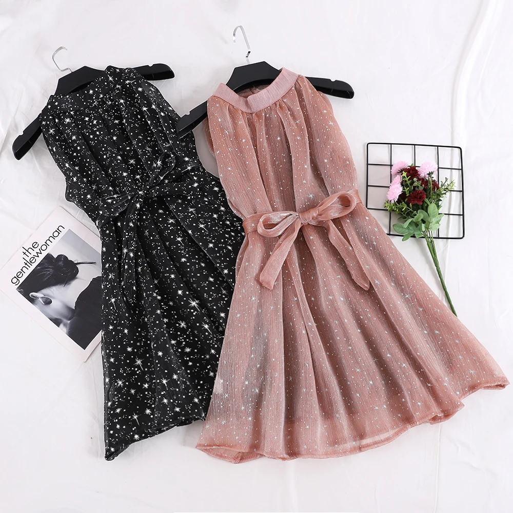 Элегантное женское летнее платье из органзы со звездным принтом пышное с