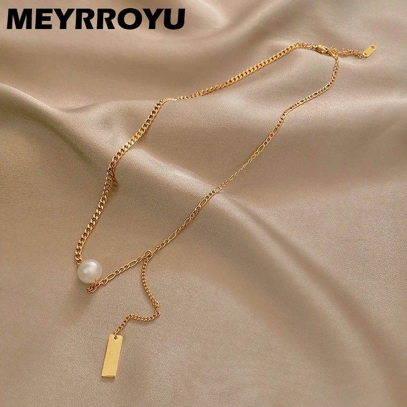 

MEYRROYU Stainless Steel Fashion Trend Pearl Necklace For Women Square Tag Long Tassel Pendant Neck Chain Jewelry Accessories