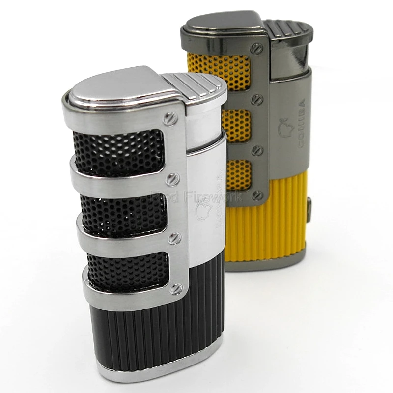 

COHIBA Fashion Gridding Stripes Windproof 3 Torch Jet Flame Refillable Cigar Lighter With Cigar Punch