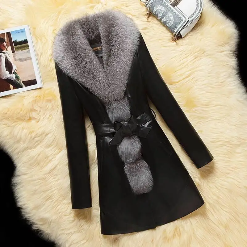 Spring Autumn Haining Leather Coat Women PU Leather Mid-length Faux Fox Fur Collar Fur Overcoat With Cotton Fur Coat Female Q324