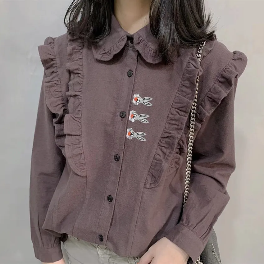 Скрытие кролика Банни с вышивкой длинные рукава оборками хлопковая блузка