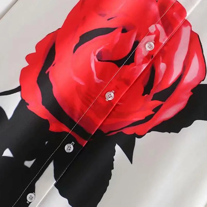 women chic red floral print white color blouse turn down collar office ladies fashion shirts tops |