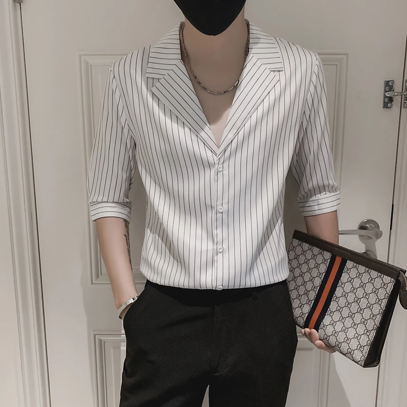 

Loldeal Men Shirt 3/4 Sleeve Slim Fit Striped Printed Polyester Fiber Casual