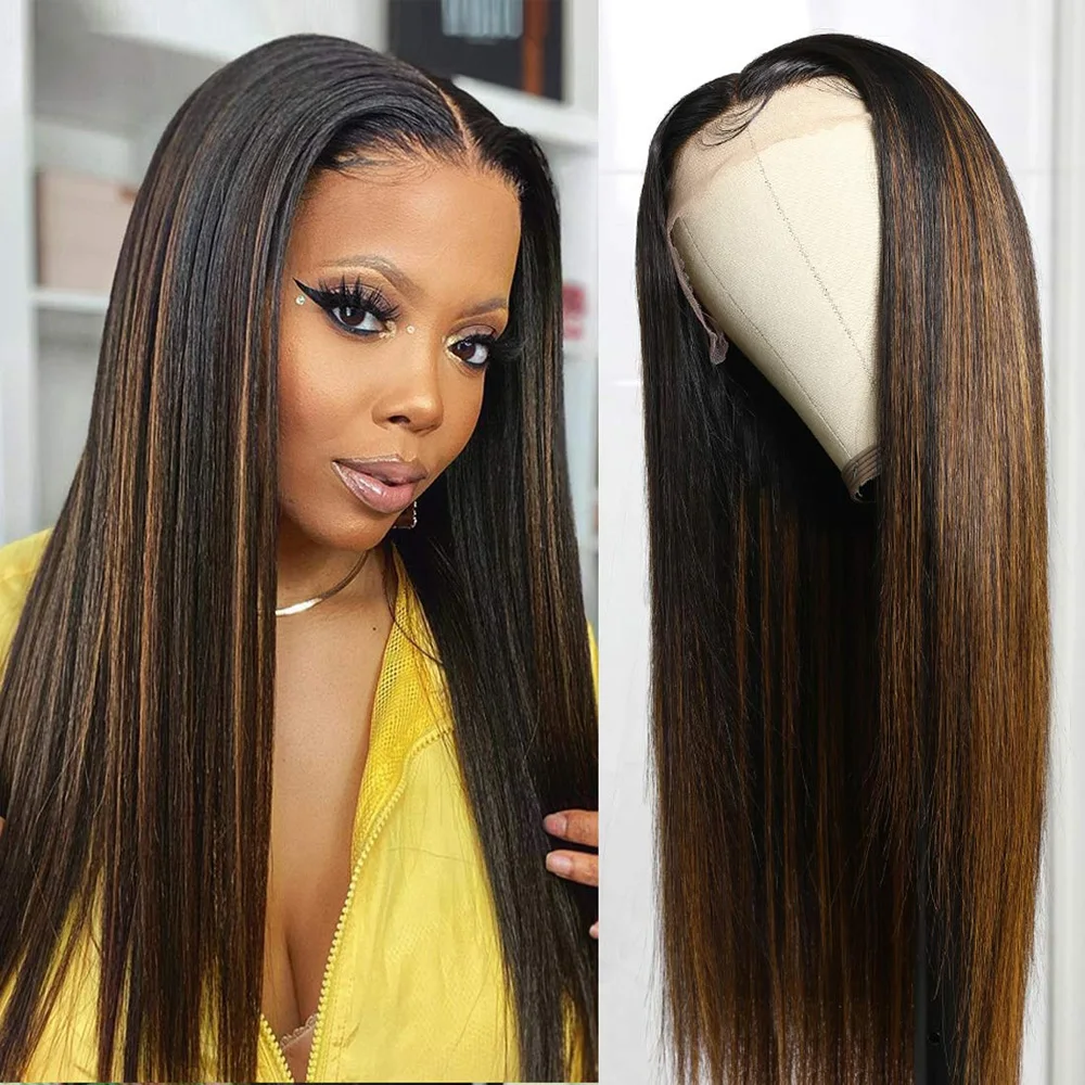 

Brown Ombre Lace Front Human Hair Wigs Silky Straight 150% T Lace Part Wig Virgin Human Hair Full Wigs With Neat Bangs For Women