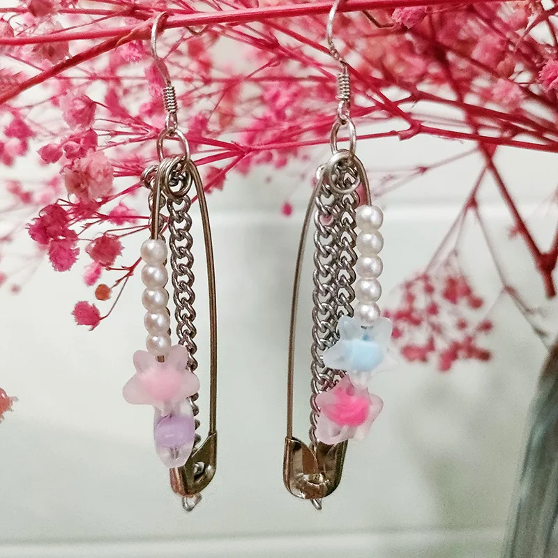 

Y2K Punk Rock Pin Pearl Bead Chain Earring Unisex Long Pendant Ear Bone Clip Earrings Cool Egirl Woman's Men Party Jewelry Gifts