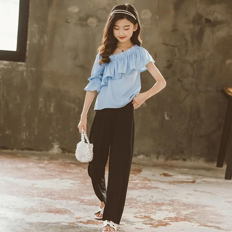 

2021 комплект детской одежды для девочек; Летняя футболка с короткими рукавами синего цвета футболки и длинных штанов комплект из 2 предметов,...