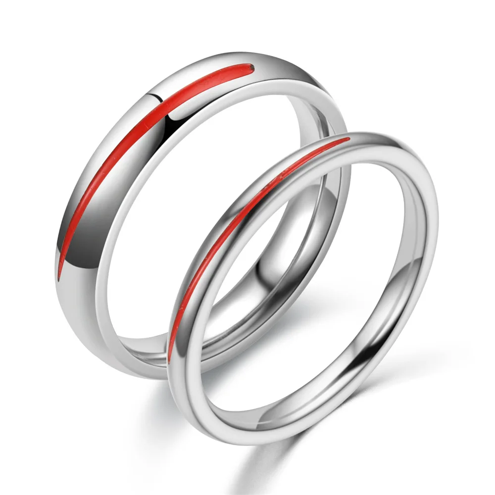 

2021 New Stainless Steel Ins Wind Drip Glaze Red Line Couple Ring Japan and South Korea Simple Men and Women Ring Gift for Women