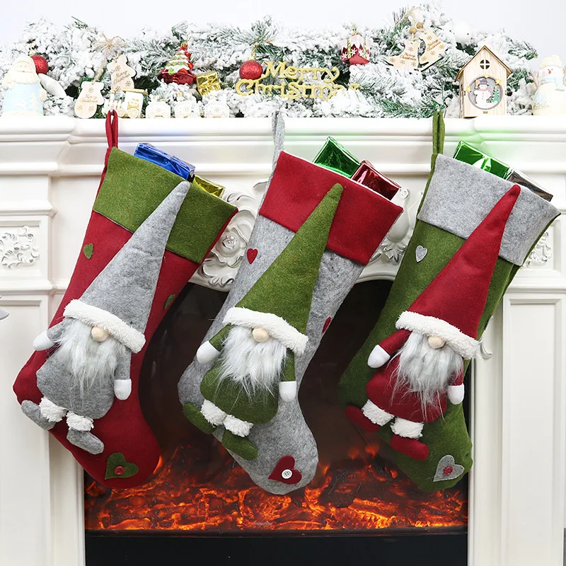 

3PCS 19" Christmas Stocking Classic Large Stockings Nordic Scandinavian Elf Santa Doll Christmas Decorations for Home Navidad