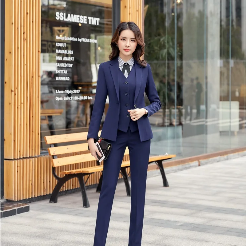 Темно синий Модная форменная конструкции брючные костюмы для женщин бизнес