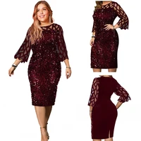 the new european and american fashion big size round collar sequin dress with seven minute sleeves hollow out perspective dress