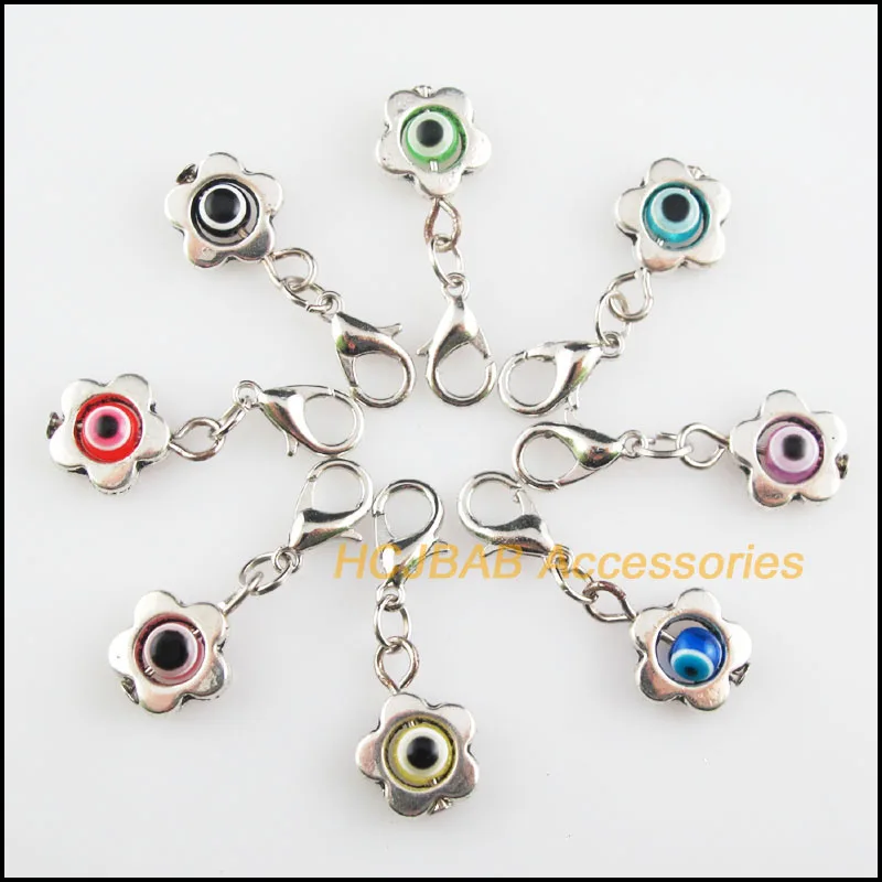 

16Pcs Tibetan Silver Tone Star Flowers Retro Mixed Eye Resin 11mm With Lobster Claw Clasps Charms
