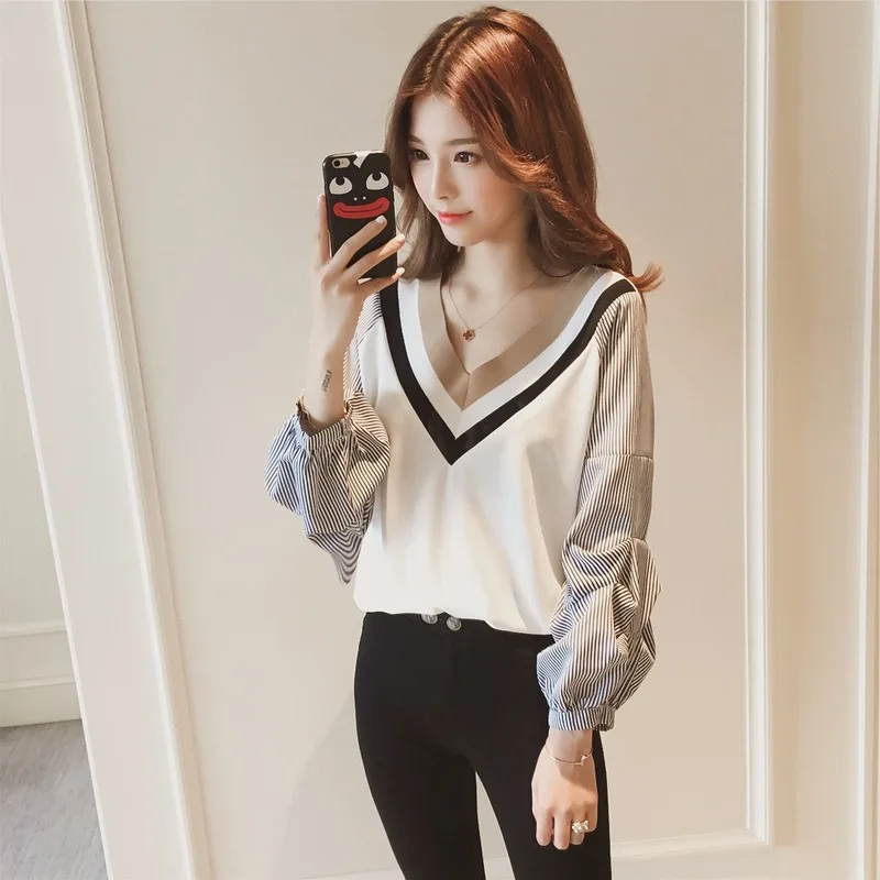 Женская Весенняя и летняя блузка новая Корейская версия полосатая контрастная