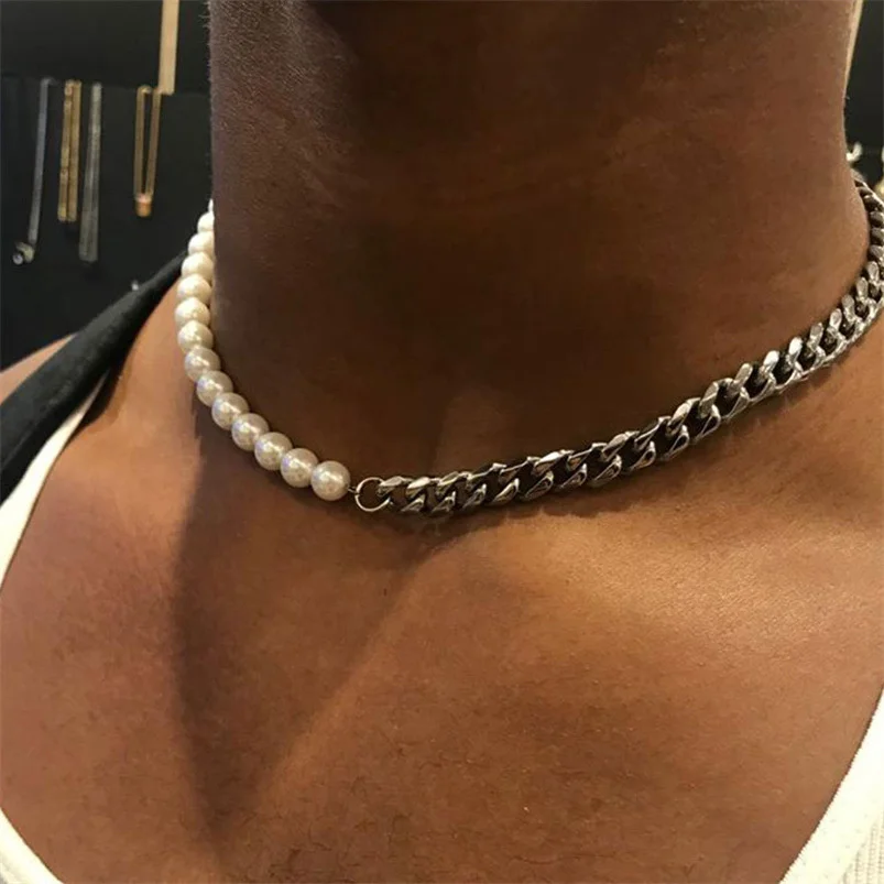 

Punk Stainless Steel Half 10mm miami cuban link chain Men Necklace half pearls choker necklace for Men Women Hiphop Jewelry