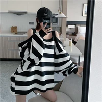 150kg can wear loose striped open shoulder long sleeve women t shirts 2xl oversized autumn black white fashion harajuku clothing