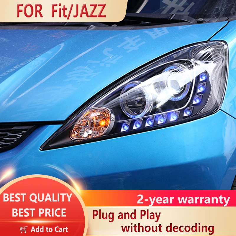 

For Honda Fit Jazz headlights 2008-2010 Blue LED DRL Angel Eyes Double Lens Bi xenon Hid High Low Beam